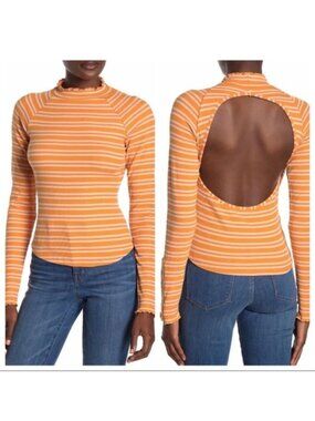 Free People Sunday Afternoon Large Striped Open Back Long Sleeve Lettuce Hem Shi